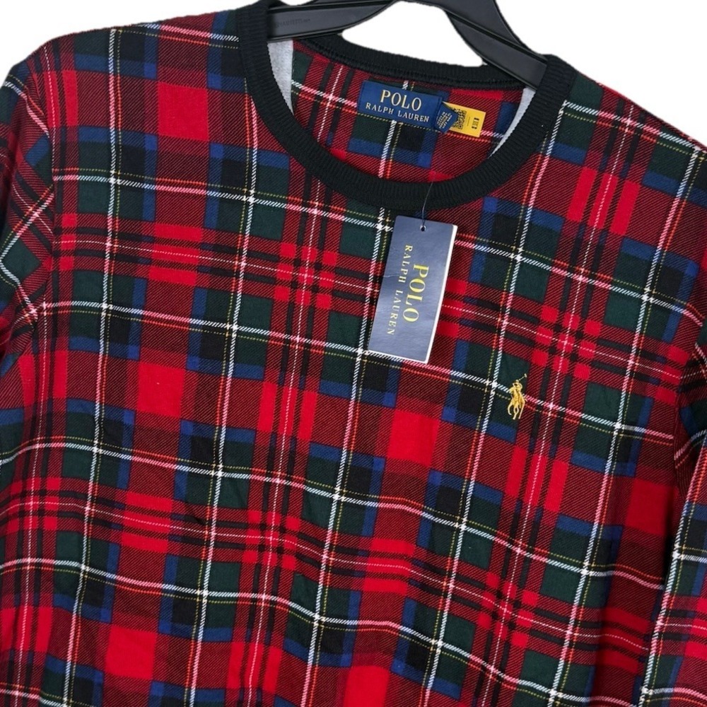 Polo Ralph Lauren Tartan Fleece Sweatshirt Mens Large Red Plaid Cotton Blend NWT